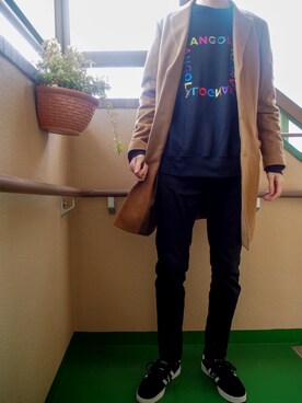 「チェスターコート キャメル」｜こいこいさん（メンズ・182cm）の冬コーディネート