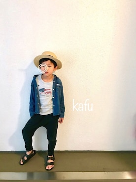 「BUDDY Lee（バディーリー）の【BUDDY Lee】デニムシャツ (80～120cm)（シャツ/ブラウス）」を使った、kafuさん（キッズ・130cm）の春コーディネート