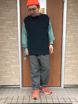 「アイテム（ベスト、ブルー系）」を使った、豆しば@sakuさん（メンズ・177cm）の秋コーディネート