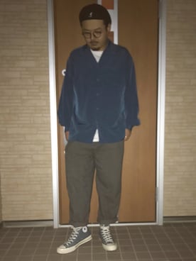 「アイテム（ハンチング/ベレー帽、ブルー系）」を使った、豆しば@sakuさん（メンズ・177cm）の秋コーディネート