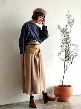 「ドルマンスリーブ」｜「アイテム（ハンチング/ベレー帽）」を使った、sakuさん（レディース・164cm）の秋コーディネート