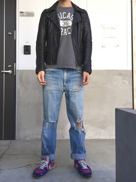 「ナイキスニーカー」｜「アイテム（ライダースジャケット）」を使った、westfaceさん（メンズ・176cm）の秋コーディネート