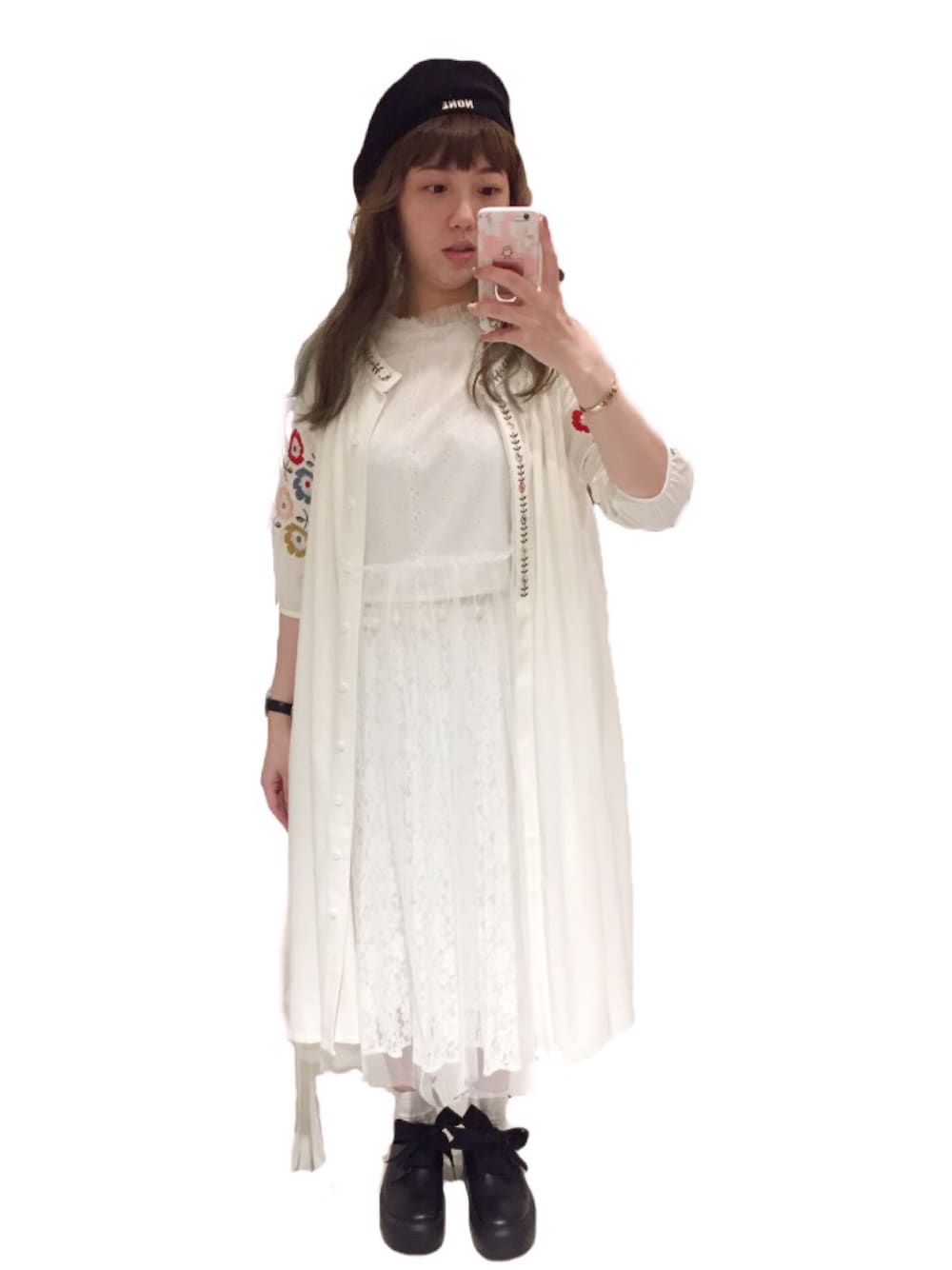 「EMPHASIZE、Tokyo bopper、ALLWHITE、girl、beret、ootd、outfit、white、pleated skirt」｜「emphasizeのアイテム（ジャケット/アウター、ホワイト系）」を使った、cocoさん（レディース・163cm）の夏コーディネートの1枚目の写真