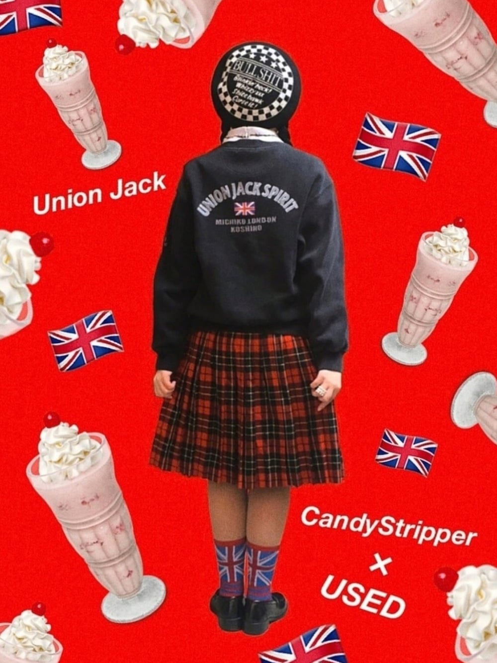 「ユニオンジャック、赤チェックスカート、古着MIX、古着」｜「MICHIKO LONDONのアイテム（スウェット、ブラック系）」を使った、DOSOさん（レディース・151cm）の春コーディネートの1枚目の写真