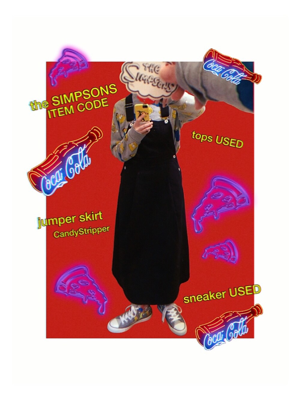 「シンプソンズ、thesimpsons、古着、古着ミックス、ジャンパースカート」｜「Candy StripperのAUTHENTIC ジャンパースカート（ジャンパースカート、ブラック系）」を使った、DOSOさん（レディース・152cm）の春コーディネートの1枚目の写真