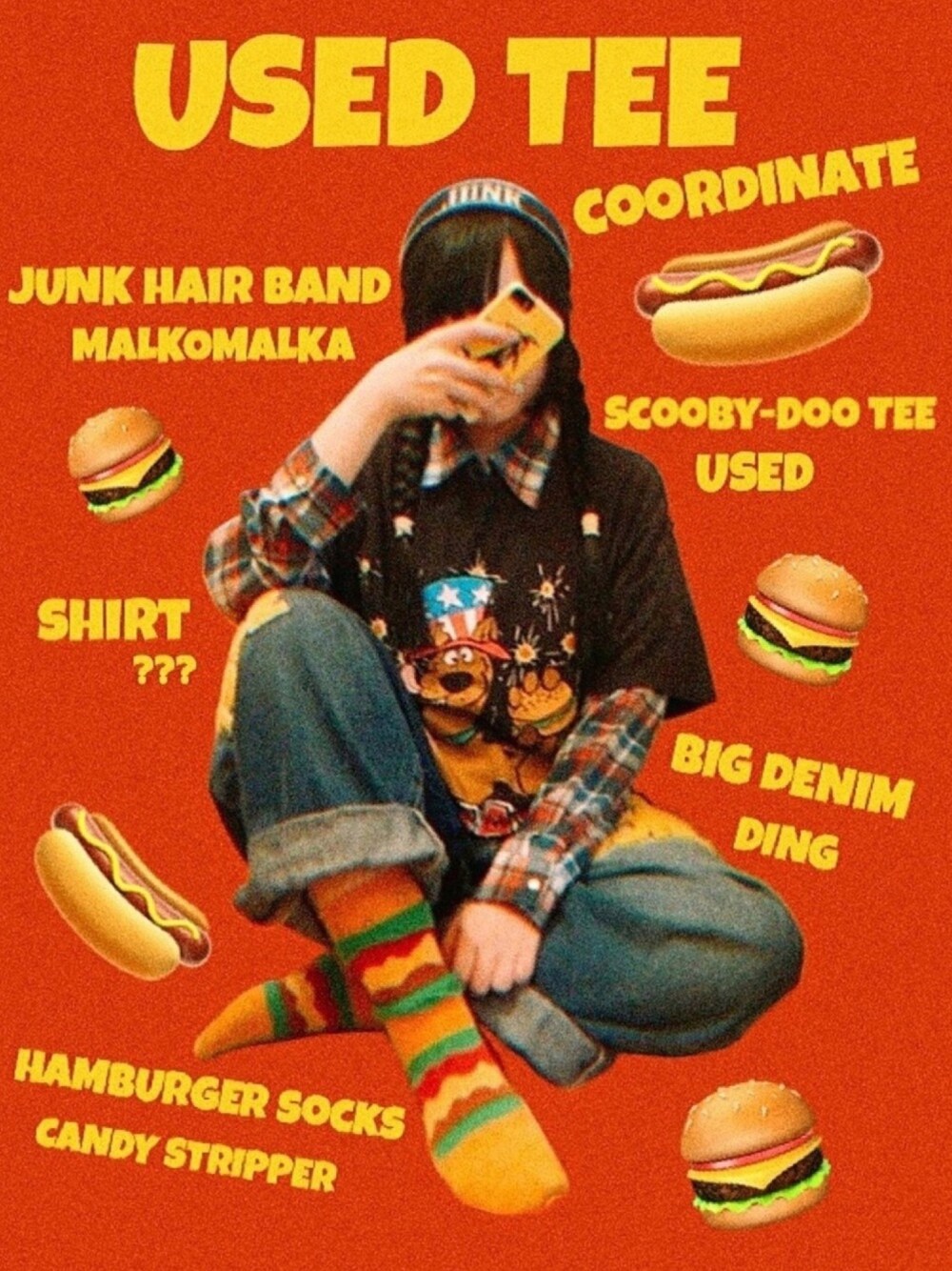 「古着、古着MIX、ハンバーガー、スクービードゥー」｜「DINGのDING/ワッペンワイドデニムパンツ（デニムパンツ、ブルー系）」を使った、DOSOさん（レディース・151cm）の春コーディネートの1枚目の写真