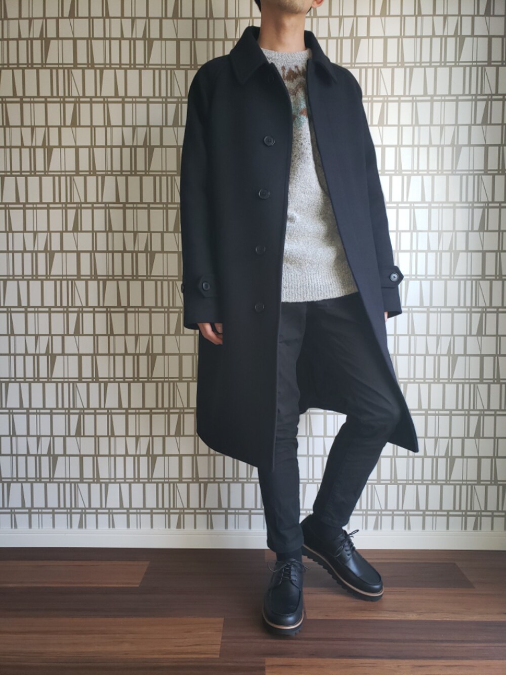 「年末WEAR感謝祭、お洒落さんとつながりたい、いいね、save、フォローお願いします🤑、シンプル、プチプラ、黒スキニー、キレイめ、フェアアイル、チェスターコート、UNIQLO」｜「GUのアイテム（パンツ、ブラック系）」を使った、あっきちさん（メンズ・164cm）の冬コーディネートの1枚目の写真