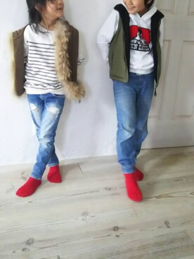 「BEN DAVIS（ベンデイビス）のアイテム（スウェット）」を使った、chi+さん（キッズ・120cm）の冬コーディネート