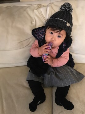 「キュロット」｜「アイテム（ニットキャップ/ビーニー）」を使った、akarinさん（キッズ・70cm）の秋コーディネート