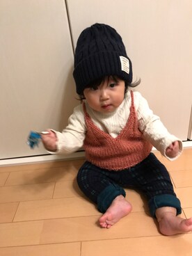 「ブラックウォッチ」｜「アイテム（ニットキャップ/ビーニー）」を使った、akarinさん（キッズ・70cm）の冬コーディネート