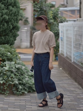 「UNIQLO（ユニクロ）のワッフルクルーネックT（5分袖）（Tシャツ/カットソー）」を使った、みう。さん（レディース・155cm）の夏コーディネート