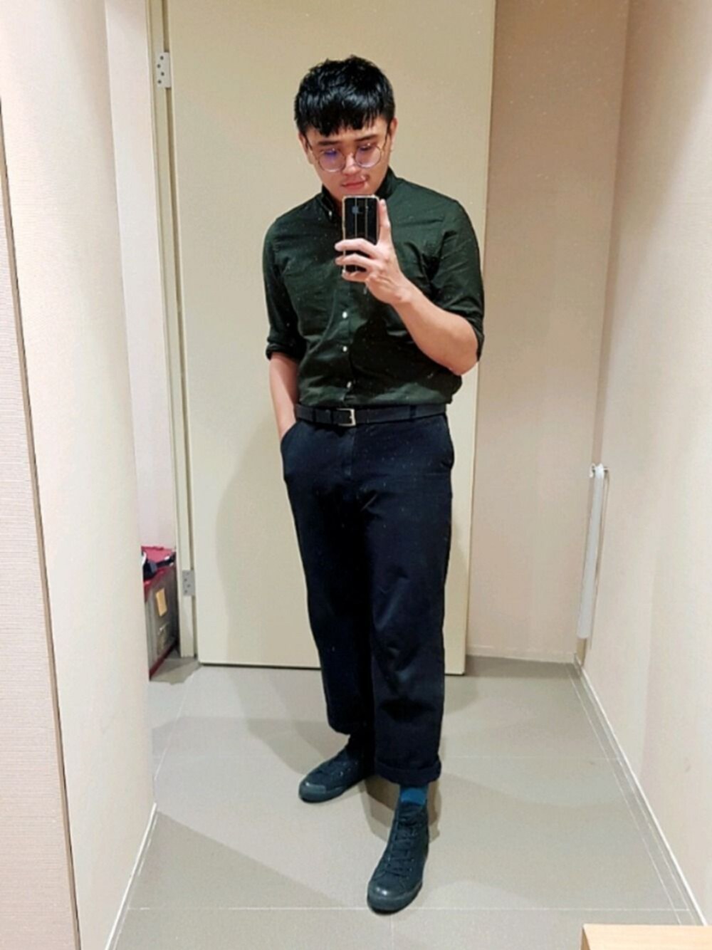 「ootd、MUJI、無印良品、19ss、19aw、green、black、boy、dapt.tw」｜「無印良品の潑水加工舒適高筒休閒鞋/黑色（その他シューズ、ブラック系）」を使った、DAPT.twさん（メンズ・175cm）の夏コーディネートの1枚目の写真