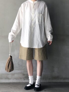 「ノーカラーシャツ」｜「アイテム（その他シューズ）」を使った、ゆうさん（レディース・157cm）の春コーディネート