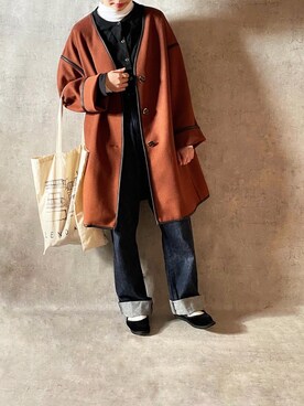 「moment+」｜「アイテム（ノーカラージャケット）」を使った、ゆうさん（レディース・157cm）の冬コーディネート
