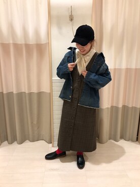 「チェックワンピース」｜「アイテム（デニムジャケット）」を使った、nagiさん（レディース・156cm）の秋コーディネート