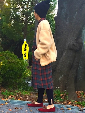 「チェックワンピース」｜「アイテム（スリッポン）」を使った、ゆりさん（レディース・154cm）の秋コーディネート