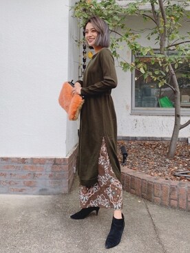 「Vicente（ヴィセンテ）のEarth color maxiワンピース（ワンピース）」を使った、黒木 ナツミ🦋さん（レディース・162cm）の秋コーディネート