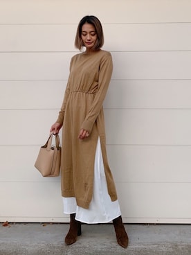 「Vicente（ヴィセンテ）のEarth color maxiワンピース（ワンピース）」を使った、黒木 ナツミ🦋さん（レディース・162cm）の秋コーディネート