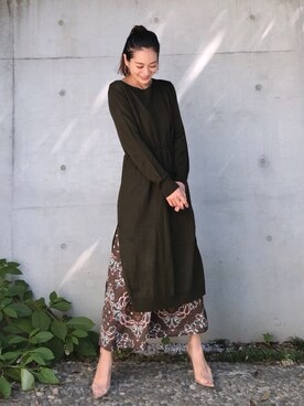 「Vicente（ヴィセンテ）のEarth color maxiワンピース（ワンピース）」を使った、黒木 ナツミ🦋さん（レディース・162cm）の秋コーディネート