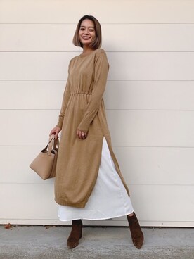 「Vicente（ヴィセンテ）のEarth color maxiワンピース（ワンピース）」を使った、黒木 ナツミ🦋さん（レディース・162cm）の秋コーディネート