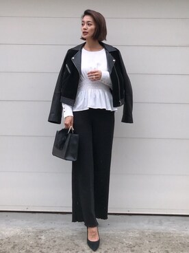 「シンプルおしゃれが好き」｜「アイテム（ライダースジャケット）」を使った、黒木 ナツミ🦋さん（レディース・162cm）の秋コーディネート