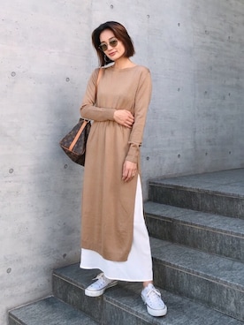 「Vicente（ヴィセンテ）のEarth color maxiワンピース（ワンピース）」を使った、黒木 ナツミ🦋さん（レディース・162cm）の秋コーディネート