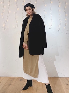 「Vicente（ヴィセンテ）のEarth color maxiワンピース（ワンピース）」を使った、黒木 ナツミ🦋さん（レディース・162cm）の冬コーディネート