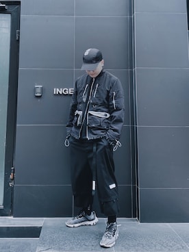 「thisisneverthat（ディスイズネバーザット）のアイテム（キャップ）」を使った、彭傑文さん（メンズ・175cm）の秋コーディネート