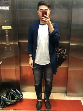 「no brand（ノーブランド）のアイテム（ノーカラージャケット）」を使った、Miller Chih-sung Wuさん（メンズ・170cm）の秋コーディネート