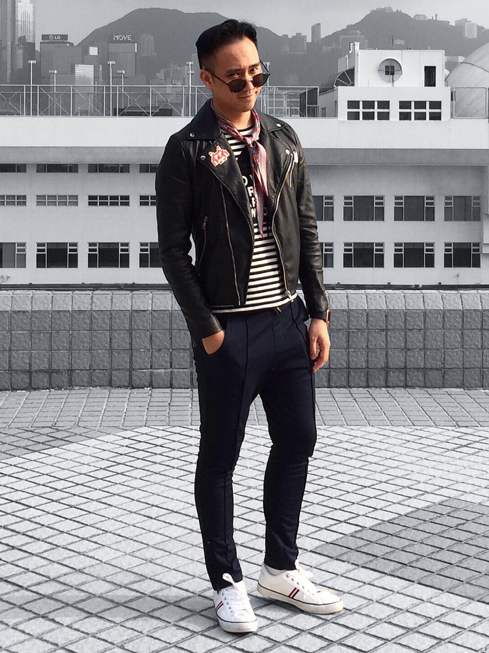 「fashion、STYLE、ootd、lookbook、H&M、DOVER STREET MARKET、COMME des GARCONS、converse、Venetian、cool」｜「H&Mのアイテム（ライダースジャケット、ブラック系）」を使った、Jeffreyさん（メンズ・182cm）の春コーディネートの1枚目の写真