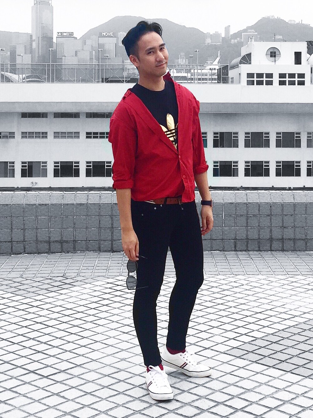 「fashion、STYLE、ootd、lookbook、Dior HOMME、adidas originals、H&M、converse、red、cool」｜「Dior hommeのアイテム（シャツ/ブラウス、レッド系）」を使った、Jeffreyさん（メンズ・182cm）の春コーディネートの1枚目の写真