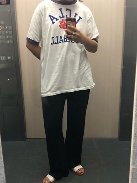 「usedのアイテム（Tシャツ/カットソー、ホワイト系）」を使った、キャノさん（レディース）の春コーディネート