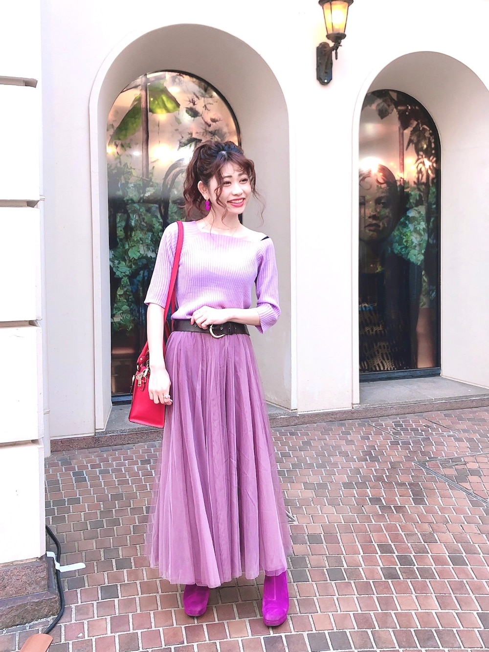 「はるコーデ、大人コーデ、シンプルコーデ、春コーデ、春色、低身長、パープル」｜「fifthのスクエアネック7分袖リブニット（ニット/セーター、パープル系）」を使った、♡高橋 里彩子さん（レディース・154cm）の春コーディネートの1枚目の写真