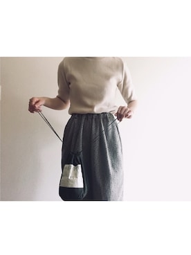 「NANING9（ナンニング）のNANING9(ナンニング)シンプル半袖ニット（ニット/セーター、ベージュ系）」を使った、やんさん（レディース・153cm）の春コーディネート