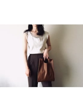 「KBF（ケイビーエフ）のスカラップレースリブタンクトップ（タンクトップ、ベージュ系）」を使った、やんさん（レディース・153cm）の夏コーディネート