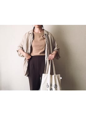 「select MOCA（セレクトモカ）のリブデザインタンクトップ/ノースリーブ変形デザイントップス（タンクトップ、ベージュ系）」を使った、やんさん（レディース・153cm）の夏コーディネート
