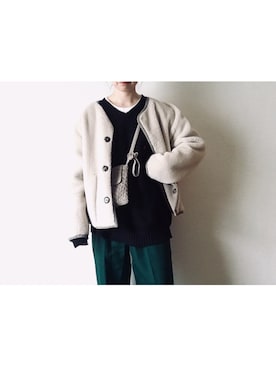 「古着好きな人と繋がりたい」｜「アイテム（ノーカラージャケット）」を使った、やんさん（レディース・153cm）の冬コーディネート