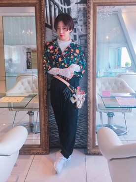 「古着のアイテム（シャツ/ブラウス、ホワイト系）」を使った、emikoさん（レディース・157cm）の夏コーディネート