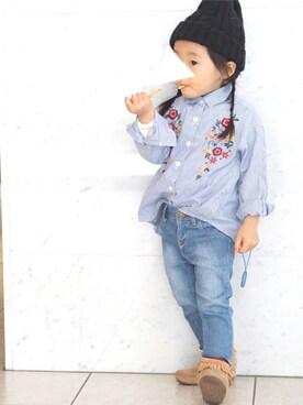 「BRANSHES（ブランシェス）の刺繍入りストライプ長袖シャツ（シャツ/ブラウス、ブルー系）」を使った、kiyu**さん（キッズ・90cm）の春コーディネート