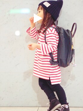 「BRANSHES（ブランシェス）のビックシルエットボーダーワンピース（ワンピース、レッド系）」を使った、kiyu**さん（キッズ・90cm）の春コーディネート