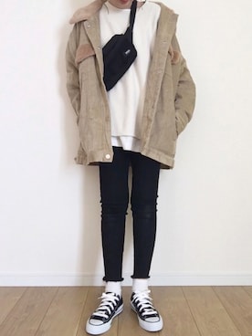 「ワッフルクルーネックＴ」｜「アイテム（その他アウター）」を使った、maiko さん（レディース・158cm）の冬コーディネート