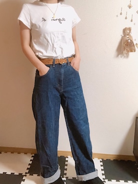 「UNIQLO（ユニクロ）のワイドフィットカーブジーンズ（デニムパンツ、ブルー系）」を使った、ayaさん（レディース・159cm）の夏コーディネート