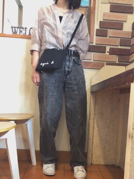 「GU（ジーユー）のアイテム（デニムパンツ、グレー系）」を使った、ayaさん（レディース・159cm）の夏コーディネート