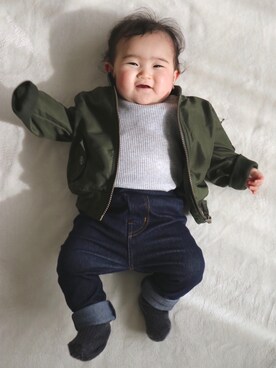 「西松屋」｜「アイテム（MA-1）」を使った、FUKUさん（キッズ・70cm）の冬コーディネート