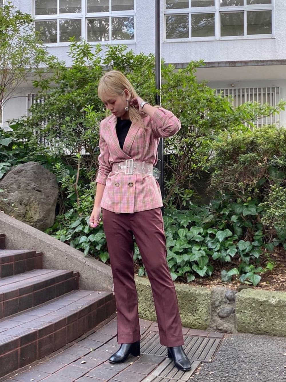 「春コーデ、オトナ女子、くすみカラー、ブラウン」｜「AS KNOW AS PINKYのアイテム（テーラードジャケット、ピンク系）」を使った、chisatoyamamotoさん（レディース・169cm）の春コーディネートの1枚目の写真