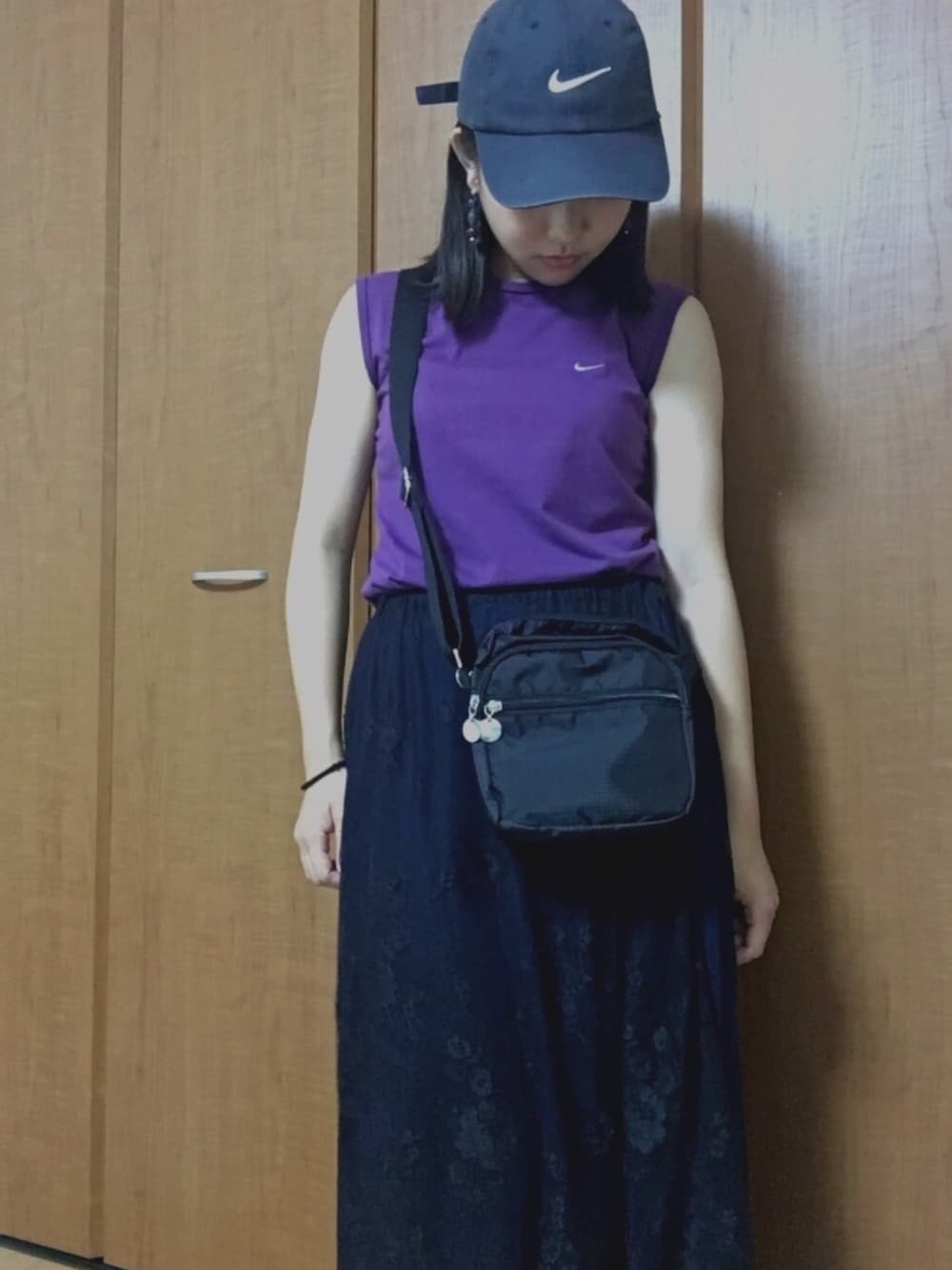 「夏、お祭り、お祭りコーデ、スポーツミックス、古着、古着MIX、古着女子、パープル」｜「NIKEのアイテム（キャップ、ブラック系）」を使った、ToMさん（レディース・157cm）の夏コーディネートの1枚目の写真