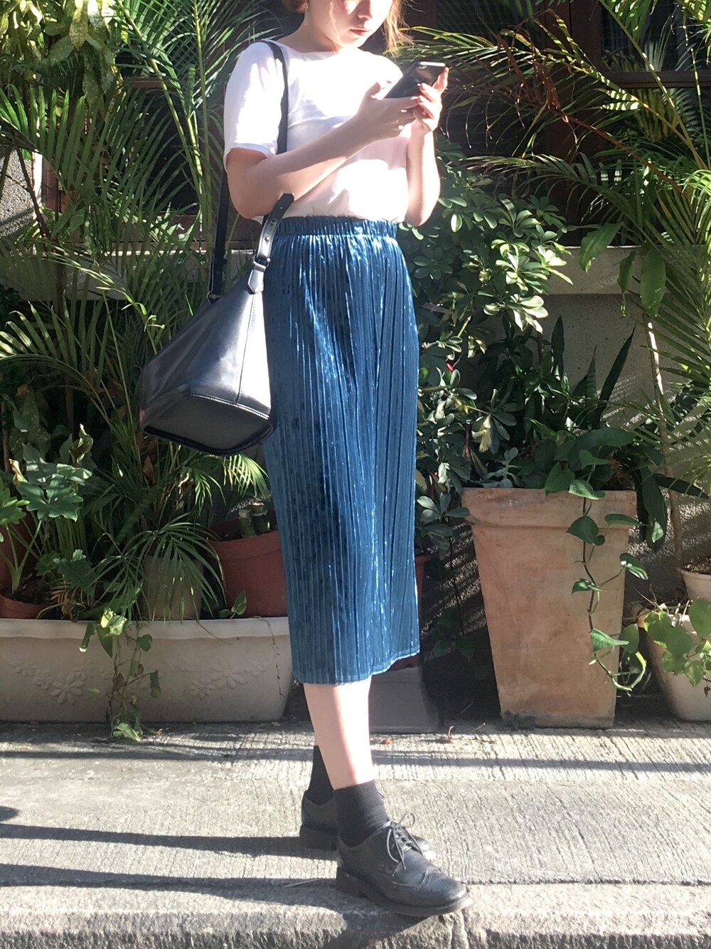 「春コーデ、ootd、休閒、復古」｜「GUのアイテム（スカート、ブルー系）」を使った、Yau さん（レディース・160cm）の春コーディネートの1枚目の写真
