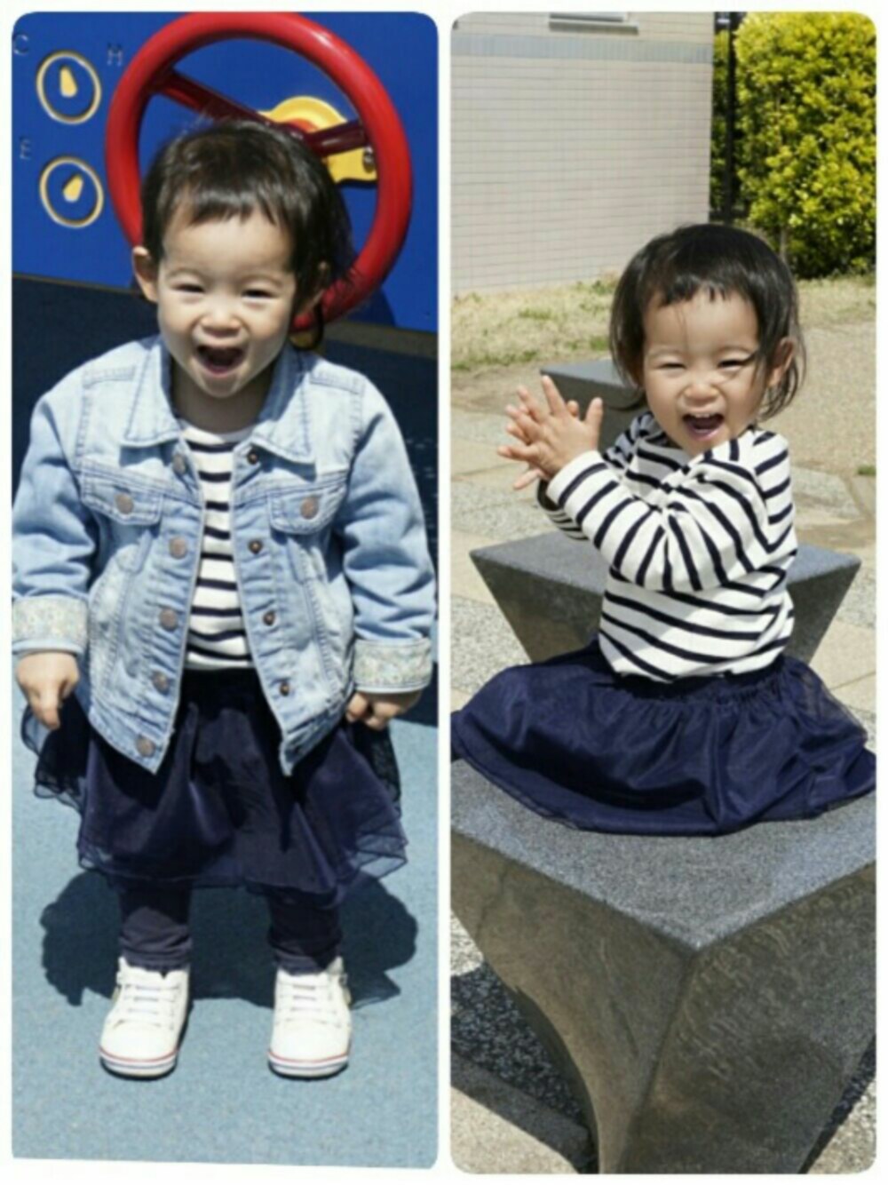 「女の子、ボーダー、プチプラ、キッズコーデ、公園、公園スタイル、チュールスカート、ジージャン、おんざまゆげ」｜「next babyのアイテム（デニムジャケット、ブルー系）」を使った、Kao さん（キッズ・80cm）の春コーディネートの1枚目の写真