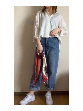 「GLOBAL WORK（グローバルワーク）のコクーンワイドデニム/819864（デニムパンツ）」を使った、ろんたんさん（レディース・158cm）の春コーディネート