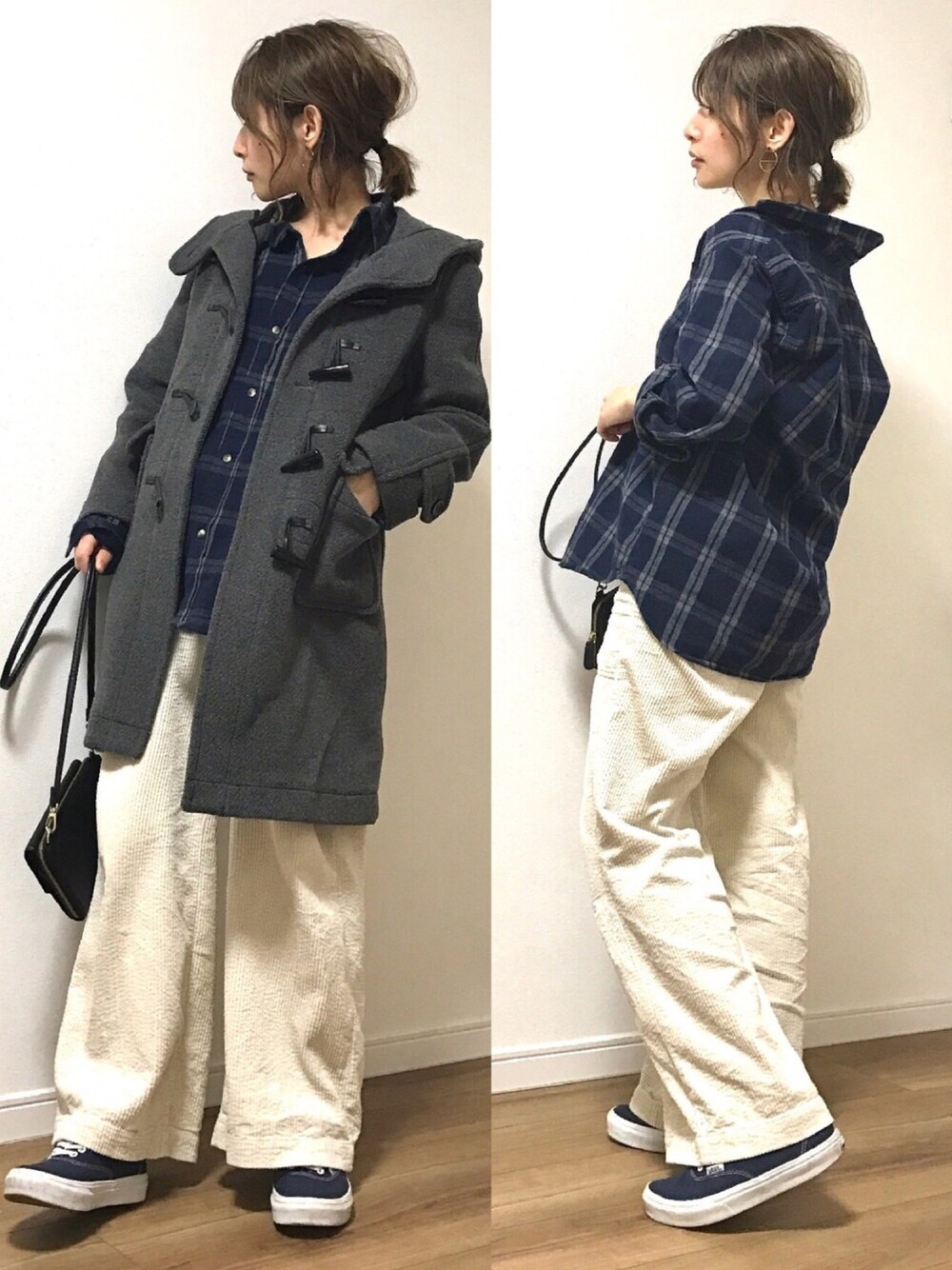 「ダッフルコート、コーデュロイ、ワイドパンツ、チェック、ネルシャツ、オーバーサイズ、ゆるコーデ、カジュアル、VANS、マタニティ」｜「Ungridの起毛ルーズチェックシャツ（シャツ/ブラウス、ブルー系）」を使った、❁ a i  ❁さん（レディース・158cm）の冬コーディネートの1枚目の写真